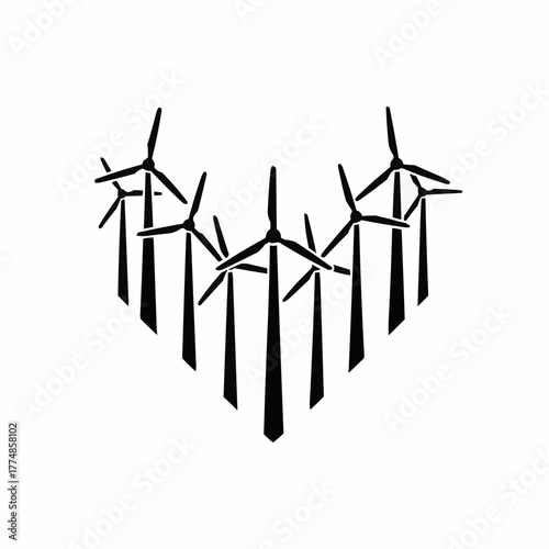Silhouette of several wind turbines arranged in a triangular formation