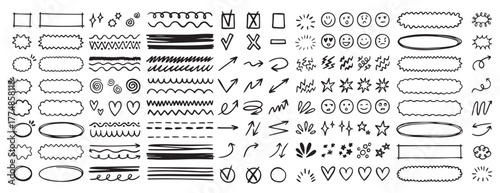 doodle underline emphasis scribble elements line hand drawn set. doodle brush shapes stroke highlight sparkle and arrow elements. childish drawing kids style.