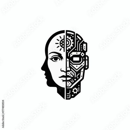 Illustration of a half human half robot face in black and white style
