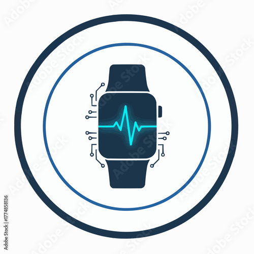 Illustration of a smartwatch with a heart rate monitor inside a circle