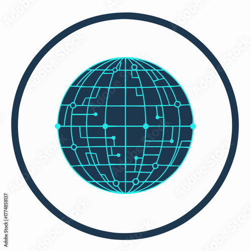 Stylized globe with network connections inside a circular border design
