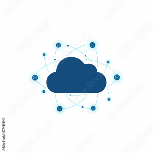 Dark blue cloud surrounded by a network of nodes and connecting lines
