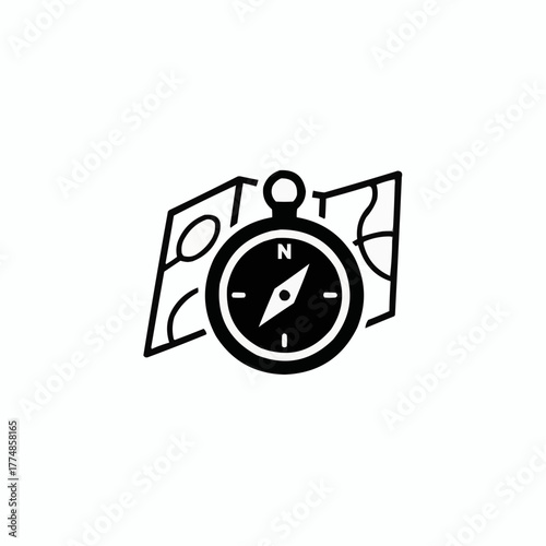 Illustration of a compass placed on top of a map showing travel and direction