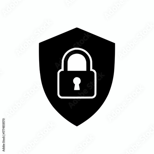 White padlock icon centered on a black shield shape security concept image