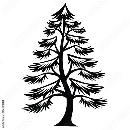 Simple silhouette of a majestic evergreen tree showcasing stylized branches and pine needle details