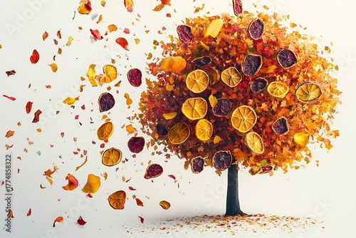 A vibrant image of a tree in autumn, its leaves a colorful array of dried fruit slices falling onto a white ground.