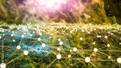 White glowing orbs connected by lines form a network over a vibrant, hazy, digital-natural landscape