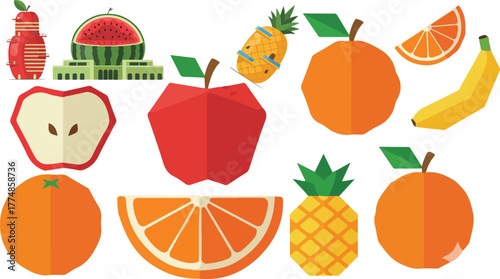 A colorful set of fresh fruits and vegetables including orange, apple, lemon, and strawberry with leaf designs for a healthy food illustration
