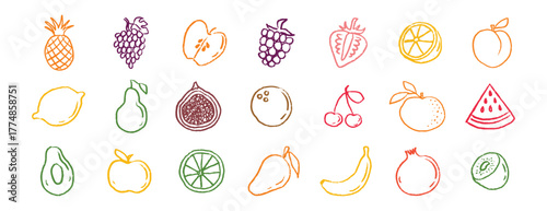 Fruit icons chalk hand drawn doodle set. Drawing crayon fruit