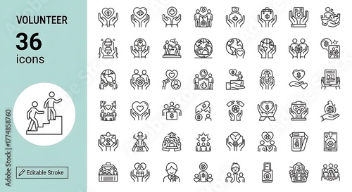 Modern Line Icons for Volunteer and Donation Aid Set
