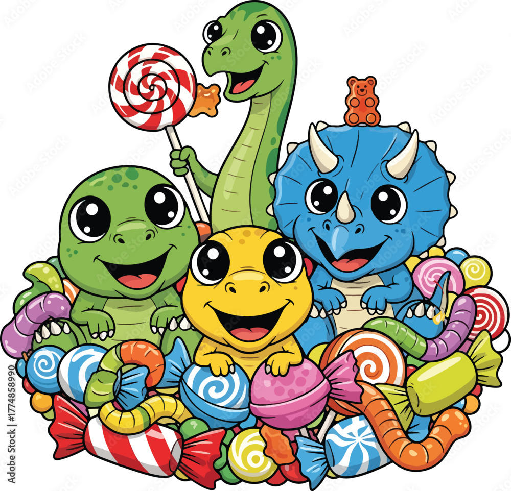 Fototapeta premium Cute Baby Dinosaurs with Colorful Candies Cartoon Vector Illustration