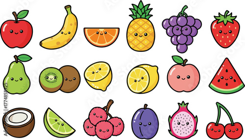 Vector illustration set of fresh fruits and vegetables including apple, banana, strawberry, pear, orange, cherry, lemon, watermelon, and pineapple for healthy food design collection