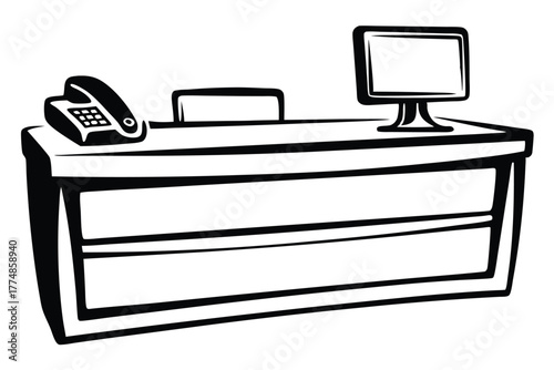 Isolated monochrome desk shows telephone and desktop computer icon, simple and modern