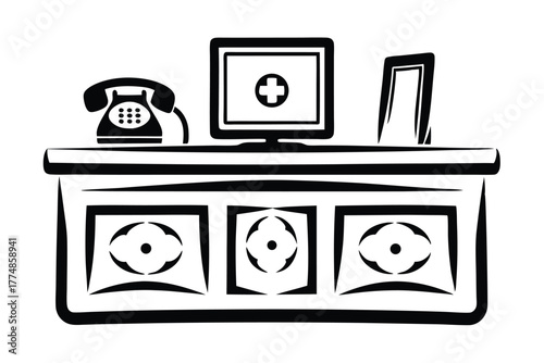 Isolated monochrome desk shows telephone and desktop computer icon, simple and modern
