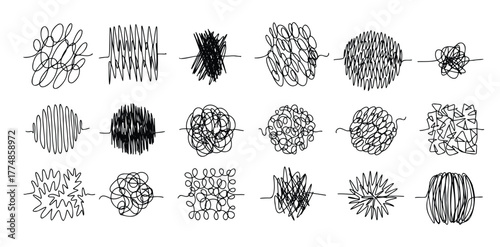Chaos lines doodle set. Hand drawn tangled clew. Insane scribble lines. confused doodle scribbles.