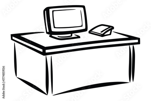 Isolated monochrome desk shows telephone and desktop computer icon, simple and modern