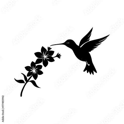 Silhouette of a hummingbird reaching for a flower with its long beak in black and white design style