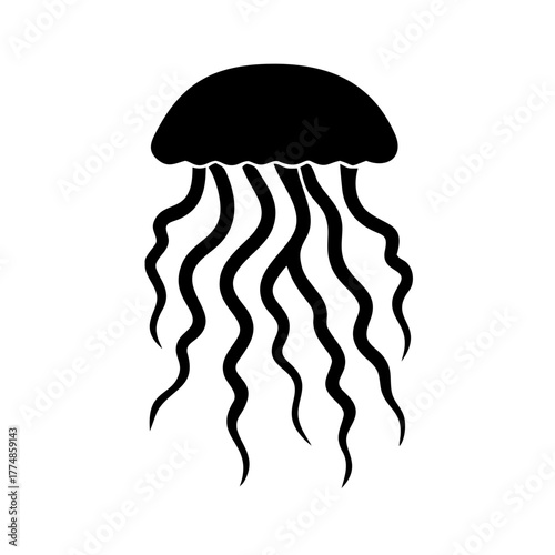 Simple black and white illustration of a jellyfish with long tentacles on a white background view from front