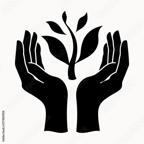 Black silhouette of two hands holding a young plant with leaves on a white background illustration