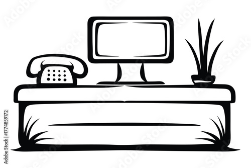 Isolated monochrome desk shows telephone and desktop computer icon, simple and modern