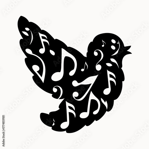 Silhouette of a bird filled with musical notes in black and white artistic representation style image