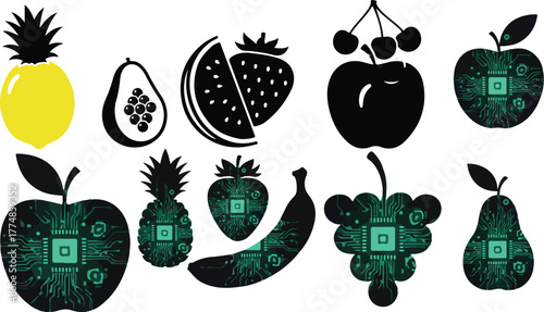 A collection of colorful cartoon vector icons featuring a variety of healthy fruits and vegetables