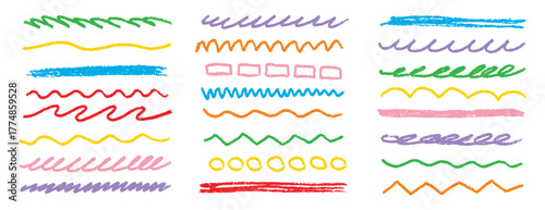 Chalk lines kids strips, brush sketch pencil underlines. Highlight strokes doodle set. Grunge colorful hand drawn highlight strokes