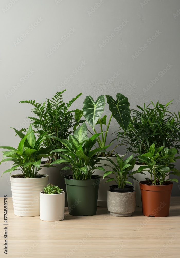 Fototapeta premium Lush green collection of diverse indoor plants thriving in pots on a bright wooden surface, highlighting domestic tranquility and natural decor ,fern ,aesthetic ,nature