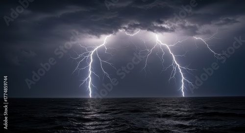 Intense electrical storm over dark, turbulent water. Powerful lightning illuminates the crashing waves under heavy rain and ominous clouds ,sea, strike, natural