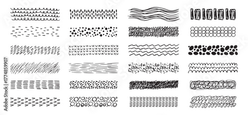 Hand drawn textures collection. abstract brushes, drawing textures from thin lines of different shapes. Set of doodle swirling and straight shapes