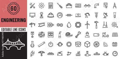 Collection of Engineering linear icons. including construction, industrial, mechanical, civil, architecture, manufacturing, and tools. Perfect for web, app, and infographics. Editable line icons.