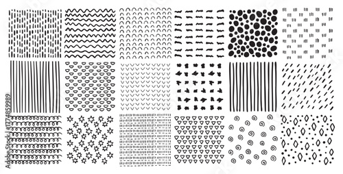 Square patterns set. Hand drawn doodle style patterns. Hatched squares abstract drawing technic, geometric shapes strokes