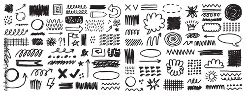 line hand drawn brush vector element doodle set. Grunge abstract chalk spiral, arrows element scribble line brush hand drawn sketch design.