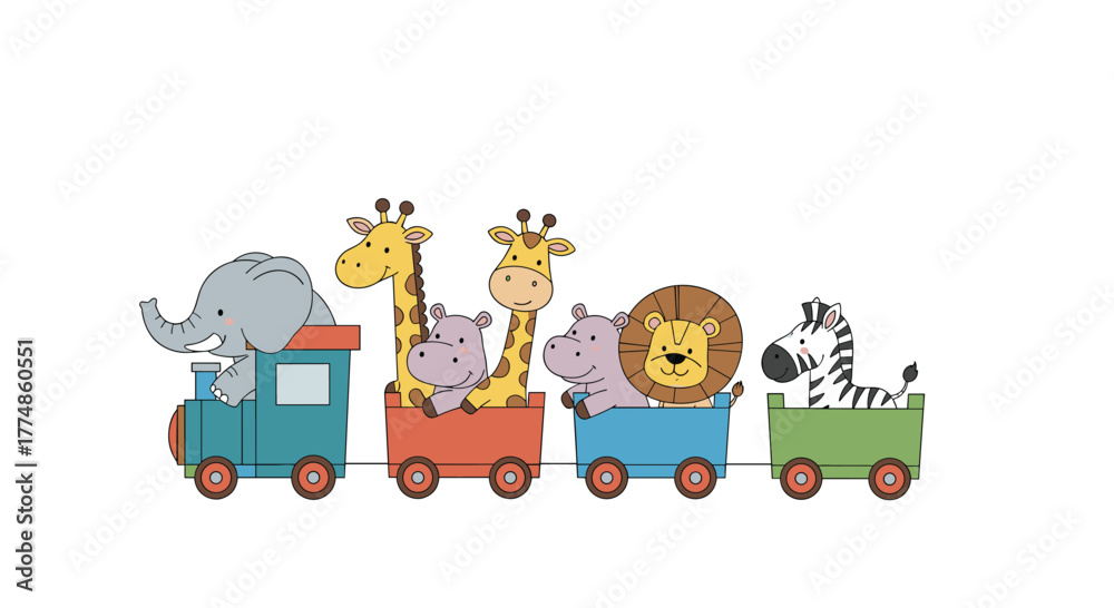 Obraz premium A group of cute cartoon safari animals including an elephant, giraffes, hippos, a lion, and a zebra are happily riding a colorful toy train.