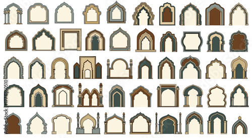 A collection of ornate and diverse architectural arches, frames, and doorways in various Islamic and Indian design styles, featuring intricate details and earthy color palettes.