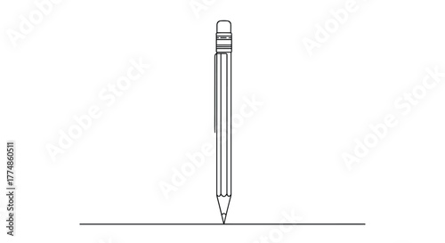 A minimalist black and white line drawing illustrates a sharpened wooden pencil with an eraser, standing upright on its tip, which touches a horizontal line.