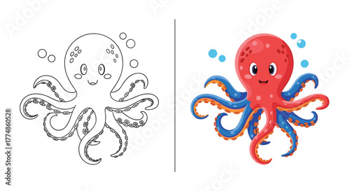 Cute cartoon octopus, an adorable sea creature illustration presented as a black and white coloring page and a vibrant, fully colored graphic.