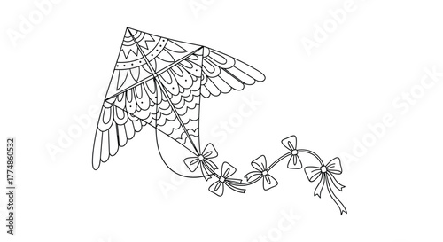 A whimsical black and white line art illustration of a decorative kite, featuring intricate patterns and a long, flowing tail adorned with charming bows, ideal for a coloring page.