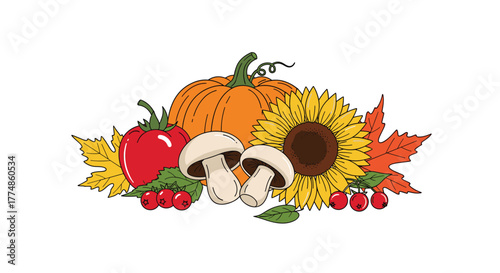A colorful autumn harvest arrangement featuring a pumpkin, sunflower, tomato, mushrooms, berries, and fallen leaves, depicting the bounty of the season.