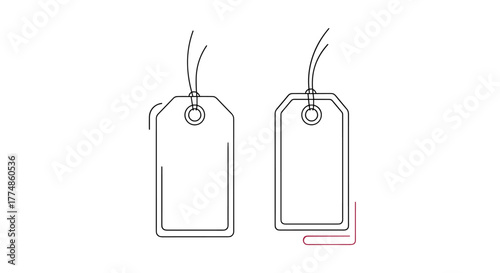 Two blank white outline tags with strings and eyelets, ready for custom text or pricing, featuring highlighted areas for design or information placement.