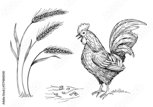 Rooster, wheat and seeds. Farm scene in graphics. Vector ink styled handmade illustration. For packaging design, cards, cover, prints, product labels and fabric.