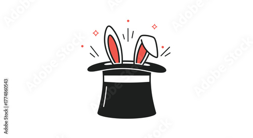 A charming illustration of a magician's top hat with white and red rabbit ears emerging, surrounded by glowing sparks, symbolizing surprise and wonder.