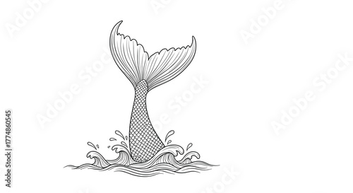 A hand-drawn illustration of a graceful mermaid tail emerging from the ocean, creating a playful splash, presented in a classic black and white artistic style.