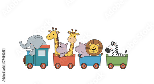 A group of cute cartoon safari animals including an elephant, giraffes, hippos, a lion, and a zebra are happily riding a colorful toy train.