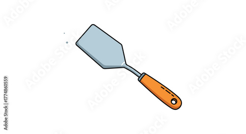 An adorable vector illustration of a common kitchen utensil, a spatula with a light blue head and an orange handle, tilted diagonally on a clean white background.