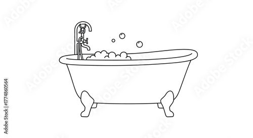 Elegant black and white line art illustration of a vintage clawfoot bathtub filled with frothy soap bubbles and a classic faucet, ready for a relaxing bath.
