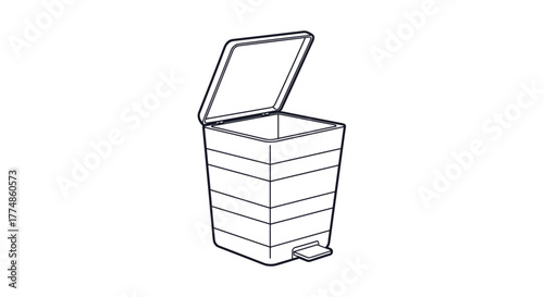 Line art illustration of an open square pedal bin with horizontal design elements, ready for waste disposal in kitchens, offices, or bathrooms.