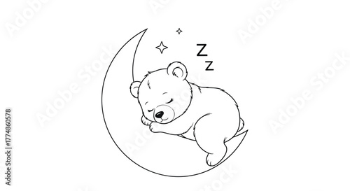Cute baby bear sleeping peacefully on a crescent moon with stars and 'Zz' symbols, perfect for children's designs and lullabies.
