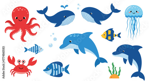 A vibrant collection of cheerful cartoon sea creatures including dolphins, whales, an octopus, crab, fish, and a jellyfish, swimming happily underwater.