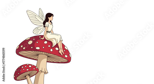A whimsical cartoon fairy with delicate wings is peacefully seated on a large red mushroom with white spots, accompanied by a smaller toadstool.